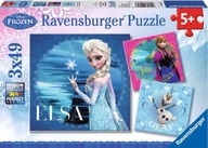 Puzzle 3x49 elementów. Kraina Lodu. Elsa, Anna i Olaf