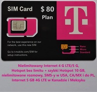 SIM USA CA/MX T-mobile, $ 80, Internet, rozmowy SMS bez limitu + PL Hotspot