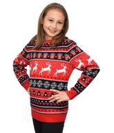 Czerwony norweski sweter świąteczny dla dziewczynki renifery święta 7/8 LAT