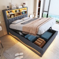 Ágy 140X200Cm LED-del, USB, Lenvászon Szürke