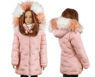 Zimná bunda ružová s perlami teplá kožušina pásová 14 152