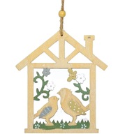 Drevený domček s vtáčikmi ozdobný prívesok
