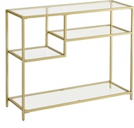 Konzola regál stolný sklenený konzolový stolík s kovovým zlatým rámom police priestranný