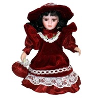 Mini lalka porcelanowa w stylu vintage 20 cm z fantazyjnym kapeluszem i biurkiem w kolorze czerwonym