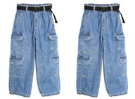 Spodnie jeansowe CARGO Szerokie z kieszeniami na gumce, jeans, pasek r.140