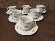 TUŁOWICE FILIŻANKI ZE SPODKAMI PORCELIT SZARA RÓŻA KOMPLET 6szt VINTAGE PRL