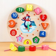 Drewniany zegar puzzle pingwin cyfrowy edukacyjny