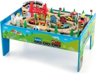 Drewniany stolik od zabawy dla dzieci z torem pociągami i 80 elementami