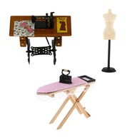 3-częściowy domek dla lalek miniaturowa deska do prasowania, maszyna do szycia i model manekina