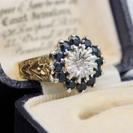 Zlatý prsteň VINTAGE so zafírmi a diamantom 9K