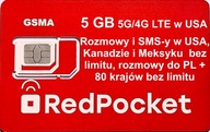 SIM USA Red Pocket - AT&T, Kanada/Meksyk 5 GB 4G/5G, rozmowy do PL