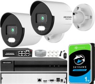 Monitoring Domu IP Zestaw 2x Kamera 2Mpx Hikvision ColorVu LED 30M Apka PoE