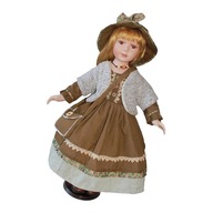 Lalka porcelanowa o średnicy 60 cm, model dziewczynki z brązowymi ubraniami i stojakiem