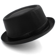 Pánsky čierny kožený klobúk Pork Pie Klobúk K