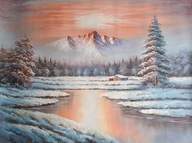 Zima, duży pejzaż, obraz olejny, 90x120cm