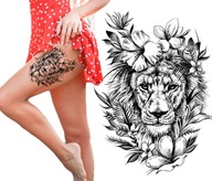 Tatuaż zmywalny lew w otoczeniu kwiatów