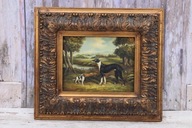 Dva lovecké psy - Psy Pes - Olejomaľba - Zlatý rám 47x42