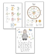 3 x plakaty edukacyjne alfabet miesiące liczby cyfry montessori A3