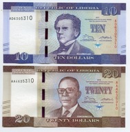 LIBERIA 10+20 DOLARÓW 2017 2016 UNC ZESTAW 2 BANKNOTY ŁADNE NUMERY !!!