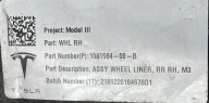 B57 TESLA 3 2017 - mudguard right rear part rear. 1081584-00-B