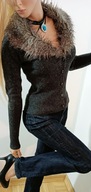 Reserved ciemno-szary sweter zapinany kardigan z futrzanym kołnierzem S