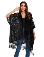 PONCZO KIMONO NARZUTKA Z FRĘDZLAMI RAYON SZTUCZNY JEDWAB ETNO BOHO