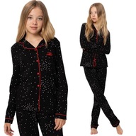 Piżama dziewczęca długa ciepła koszula i spodnie czarna w kropki r. 164