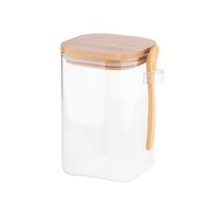Pojemnik szklany kwadrat z bambusową pokrywą i łyżeczką 1 l