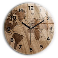 Moderné nástenné sklenené hodiny s potlačou Mapa sveta na dreve fi30 cm