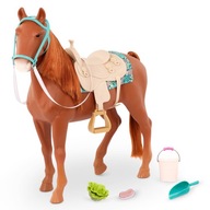 Veľký kôň pre bábiku 50 cm gaštan sedlo ohlup kefa Our Generation