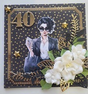 Złota, kobieca kartka na 40 urodziny, handmade