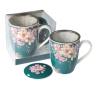 Porcelán teásbögre + fedő + virágszűrő