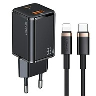 SZYBKA ŁADOWARKA SIECIOWA USAMS 1xUSB-C+1xUSB 33W + KABEL USB-C/ LIGHTNING