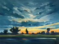 Obraz olejny pejzaż Zachód Słońca Danuta Antas 30x40 cm
