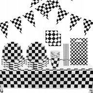 1zestaw talerzy z flagami szachownicy i serwetkami
