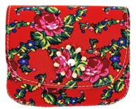 Štýlová červená kabelka Poštárka ľudová Kožená v Kvety 9x12 cm.