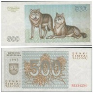 Banknot 500 kuponów (1993) Litwa - Wilki UNC