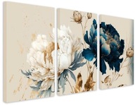 Triptych obrazy na stenu Chryzantémy, kvety modrá, zlato a biela 60x120