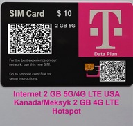 e SIM USA T-mobile, szybki Internet 4GLTE/5G, 2 GB + Internet Kanada/Meksyk