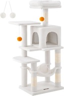 Škrabadlo viacúrovňové pre mačku domček stĺpiky hojdacia sieť plošina biela 112 cm
