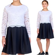 Dievčenské gala šaty čipka bielo-čierna škola PL 140