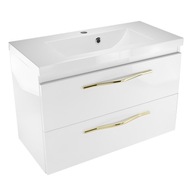 Biała szafka łazienkowa z umywalką wisząca solidna lakierowana złoty uchwyt