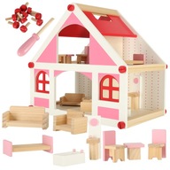 Domček pre bábiky drevený biely ružový nábytok 36cm