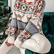 Vianočný sveter s okrúhlym výstrihom roztomilý oversize sveter s dlhým rukávom