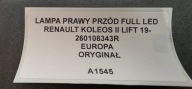 Reflektor right side Renault Koleos II 260108343R