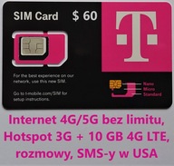 SIM USA T-mobile, Internet 4G/5G, HS, rozmowy, SMS w USA bez limitu, 60 $