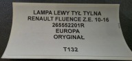 light left rear part rear RENAULT FLUENCE Z.E. 10-16 original 265552201R