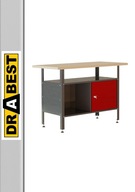 Stół warsztatowy, narzędziowy, metalowy z blatem roboczym i szafką DRABEST