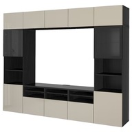 IKEA BESTA Kombinácia na TV čiernahnedá/Selsviken lesk béžová 300x42x231 cm