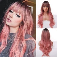 Długa różowa peruka - Naturalne falowane włosy z ciemnymi korzeniami